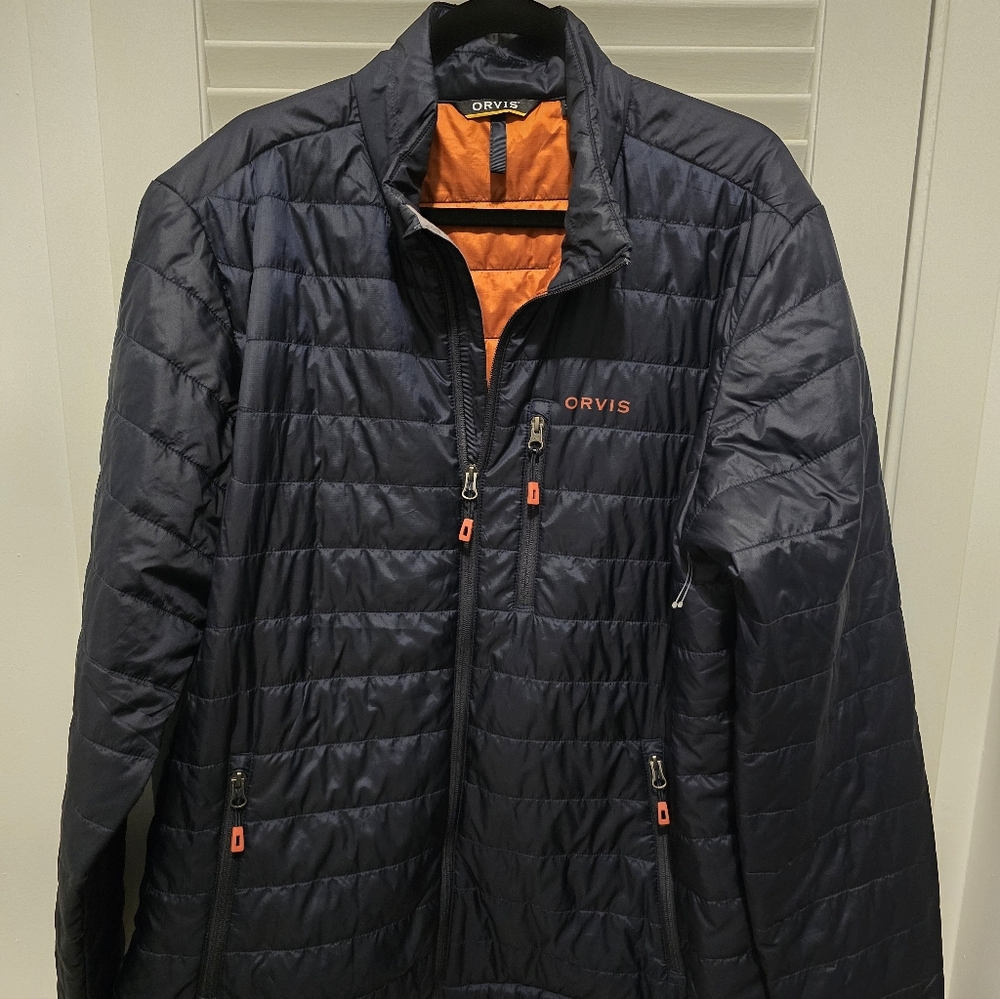 Orvis Men's Navy and Orange Puffer Lightweight Drifr Jacket. XL